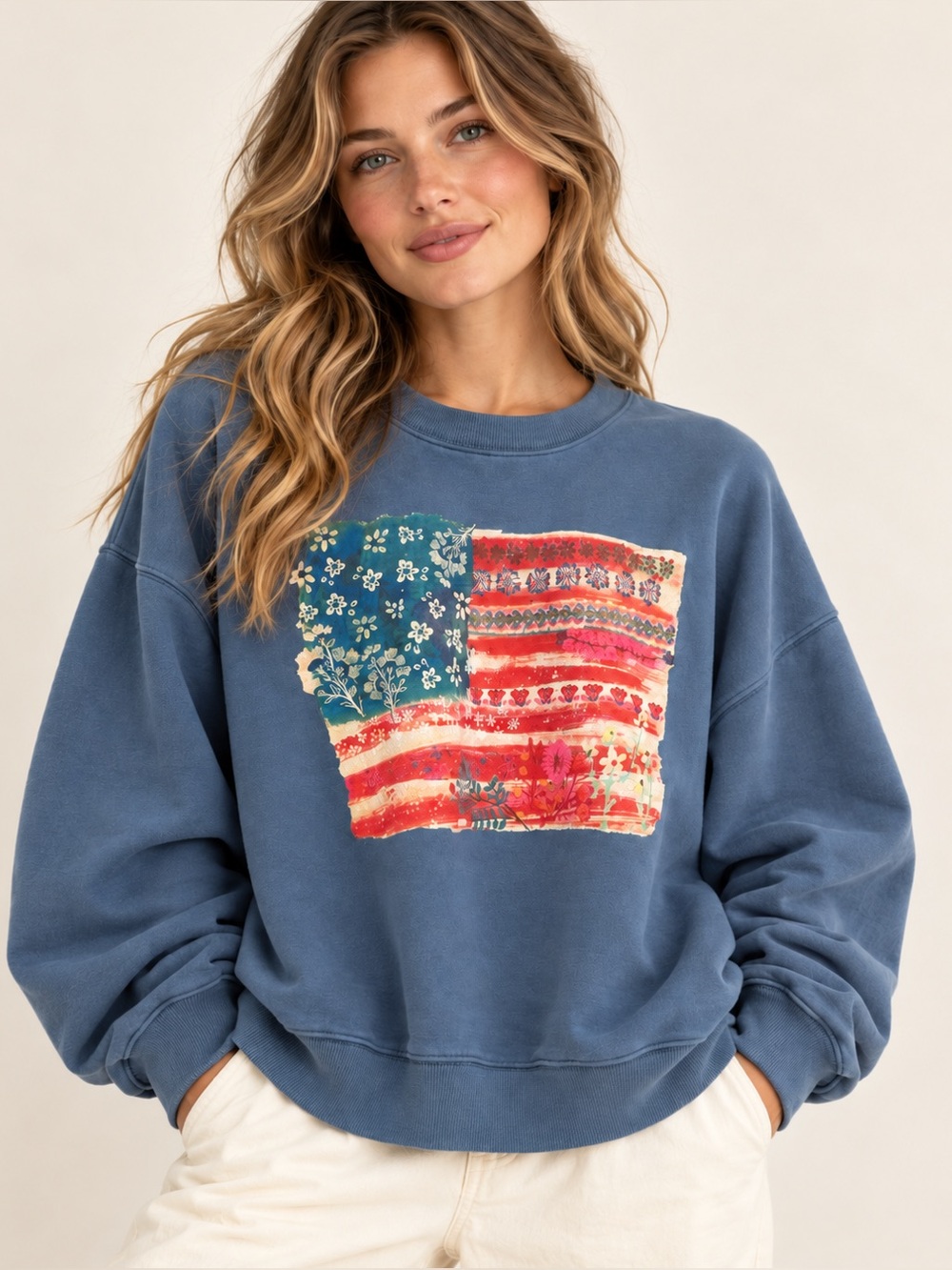 NATURAL LIFE Washed Blue Floral Flag Crew Sweatshirt
